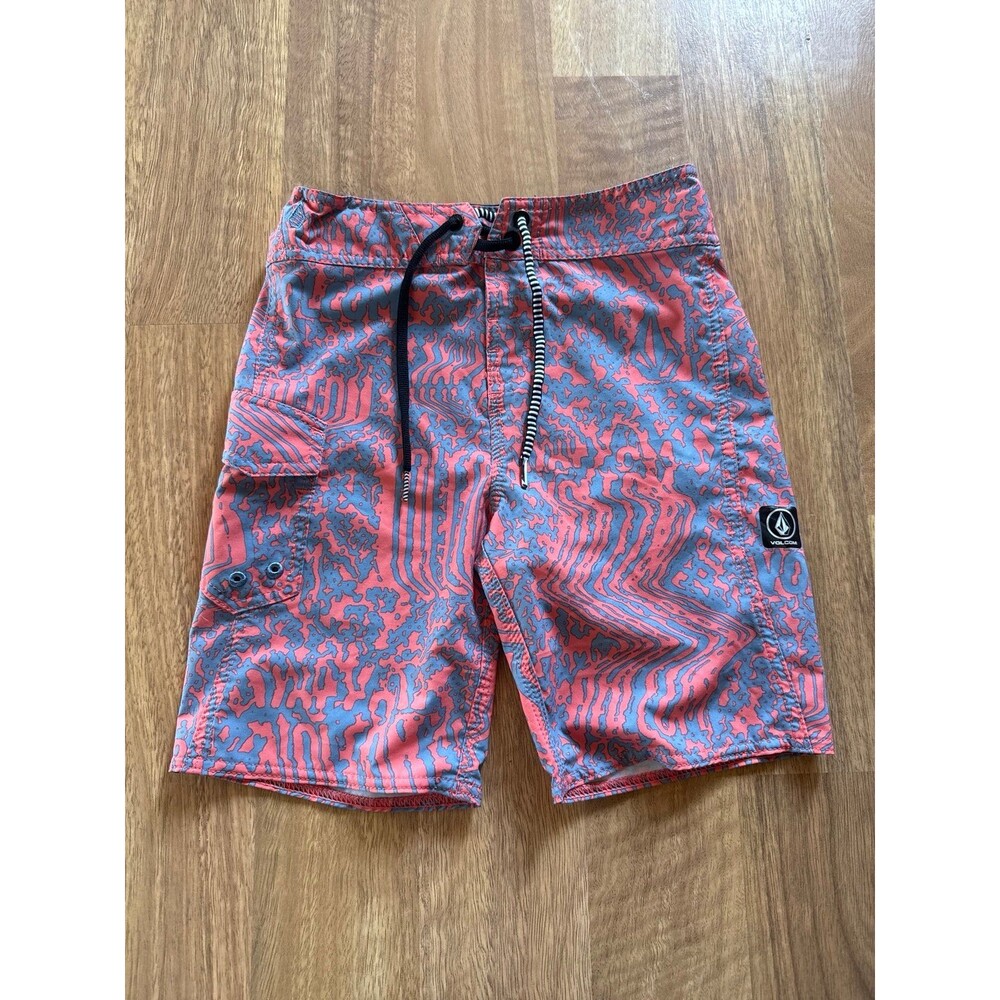Volcom Board Shorts Pink Blue Pattern Boys adjustable Swim Trunks